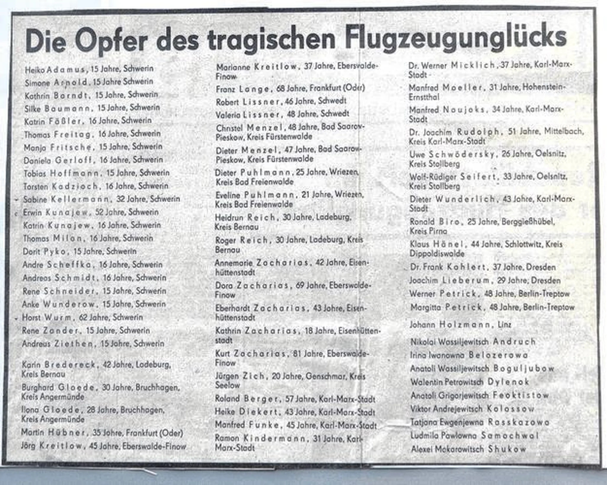 Liste der Opfer in den Tageszeitungen der DDR vom 15.12.1986